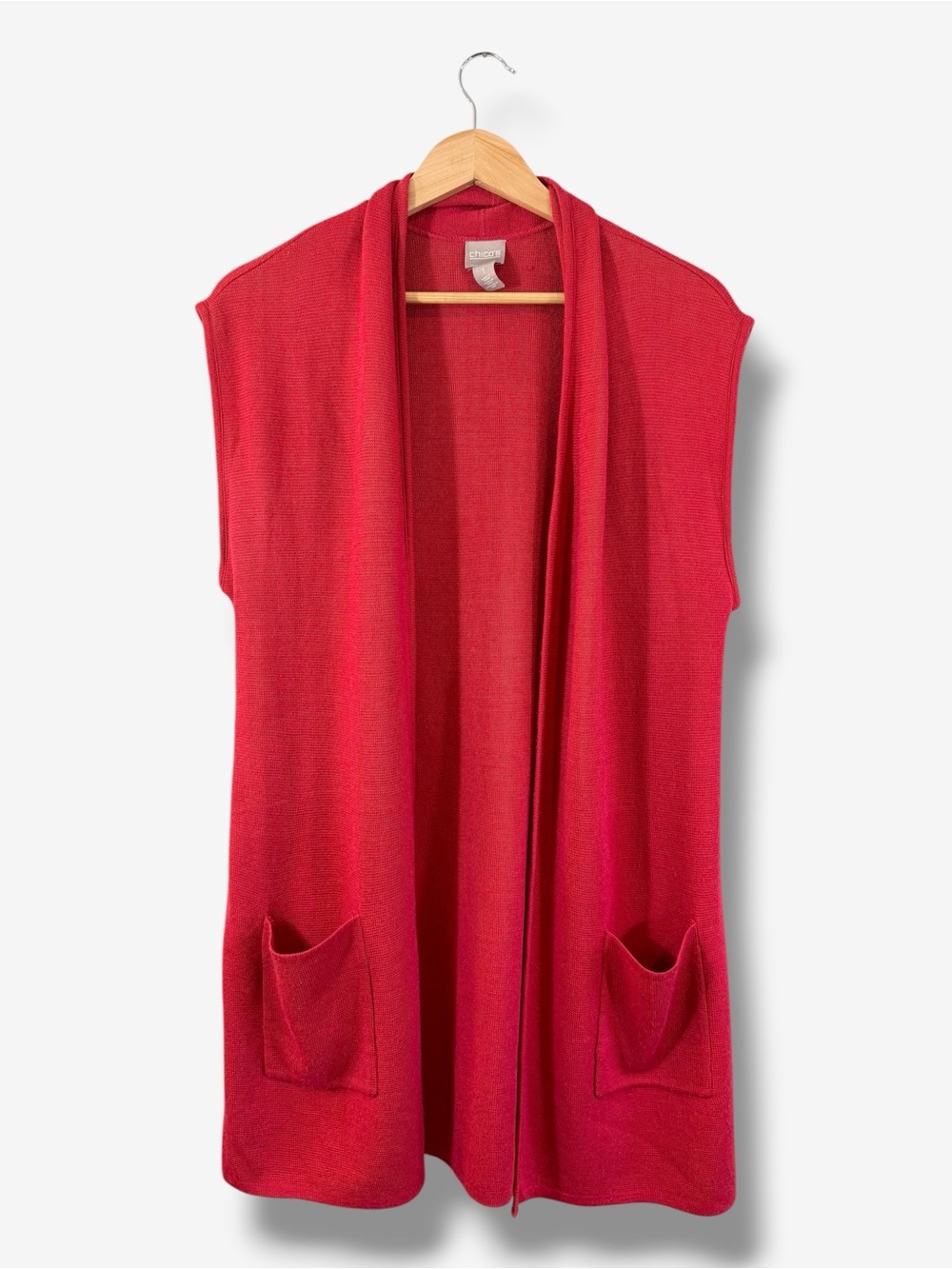 Chico’s Red Duster Vest Cardigan Sweater Size 1 (US M) Pockets Casual Sleeveless